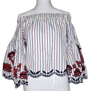 Parker Womens Embroidered Boho Off Shoulder Blouse Bell Sleeve Top Size XS